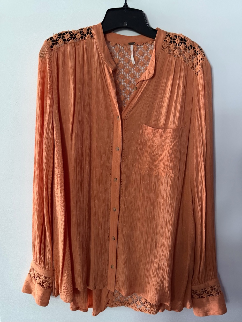 Free People Melon Orange Lace-Trim Button-Down Shirt
